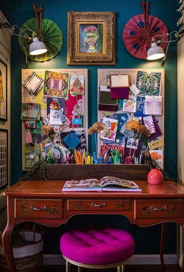 https://www.digsdigs.com/photos/2012/03/a-boho-maximalist-home-office-with-a-navy-accent-wall-a-vintage-desk-a-hot-pink-stool-a-gallery-wall-and-memo-boards-plus-lights.jpg