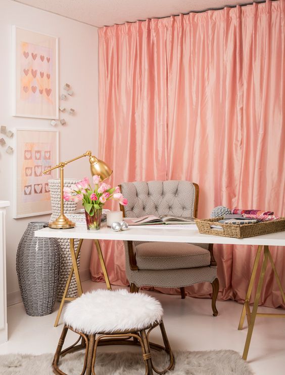 A Stylish Feminine Home Office With Pink Curtains A Trestle Desk And Refned Chairs And Stols Plus Gold Touches 