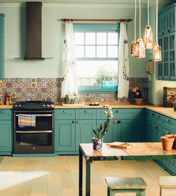 https://www.digsdigs.com/photos/2013/04/a-teal-kitchen-with-vintage-cabinets-butcherblock-countertops-a-colorful-mismatching-tile-backsplash-and-pendant-lamps-of-graters.jpg
