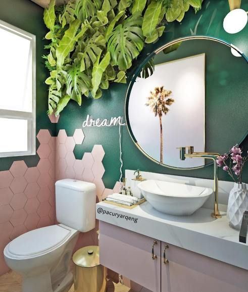 https://www.digsdigs.com/photos/2013/06/a-chic-and-fun-tropical-bathroom-with-emerald-walls-pink-hex-tiles-and-a-pink-vanity-a-tropical-leaf-decoration-and-gold-touches.jpg