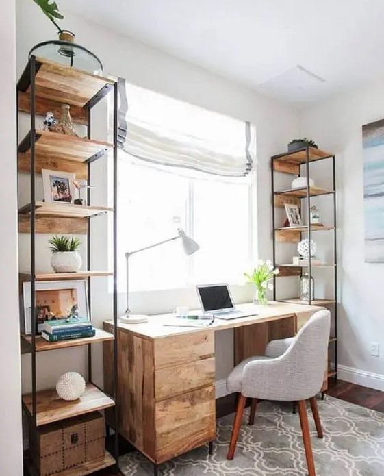 https://www.digsdigs.com/photos/2013/08/a-modern-rustic-home-office-with-a-wooden-desk-and-open-shelving-units-a-printed-rug-a-grey-chair-and-Roman-shades.jpg