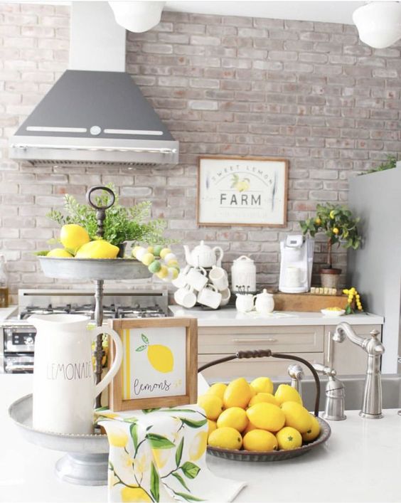 Lemons In A Bowl A Stand With Lemons Greenery And An Artwork Make The Kitchen Feel Farmhouse Spring Like 