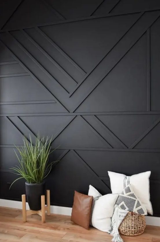 Black Accent Wall With Wood Trim