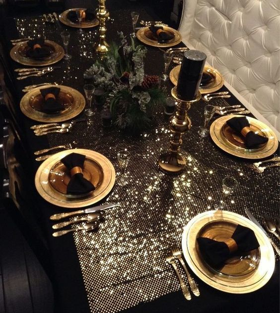Christmas Table Setting Gold Black Decoration Stock Photo 1195221787