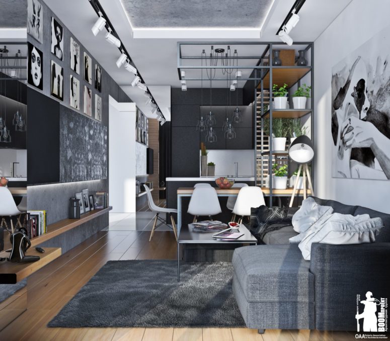 Laconic Grey And Black Kitchen United With A Living Space - DigsDigs