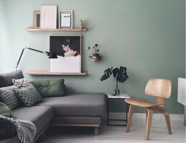 gray and light green living room