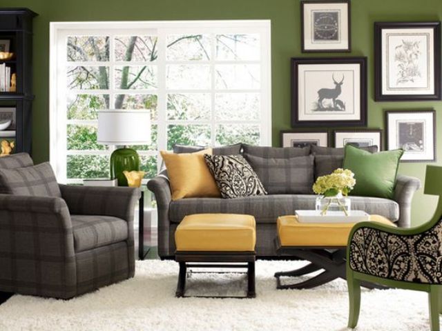 22 Grass Green Living Room With Sunny Yellow And Checked Grey Accents 