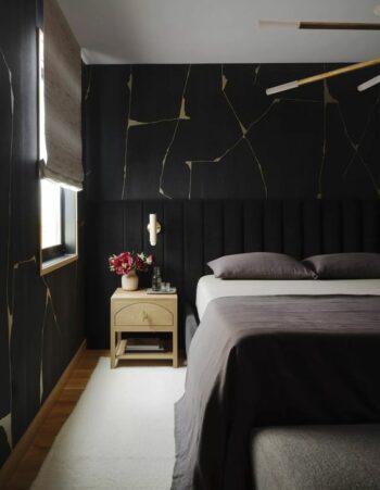 A Beautiful And Chic Moody Bedroom With Catchy   A Black Bed With An Extended Headboard Grey Bedding Neutral Nightstands 350x451 
