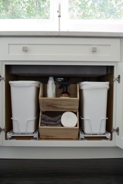 8 Sneaky Ways to Hide an Ugly Trash Can  Trash can cabinet, Kitchen garbage  can storage, Hidden trash can kitchen
