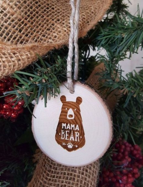 Mama bear wood slice ornament