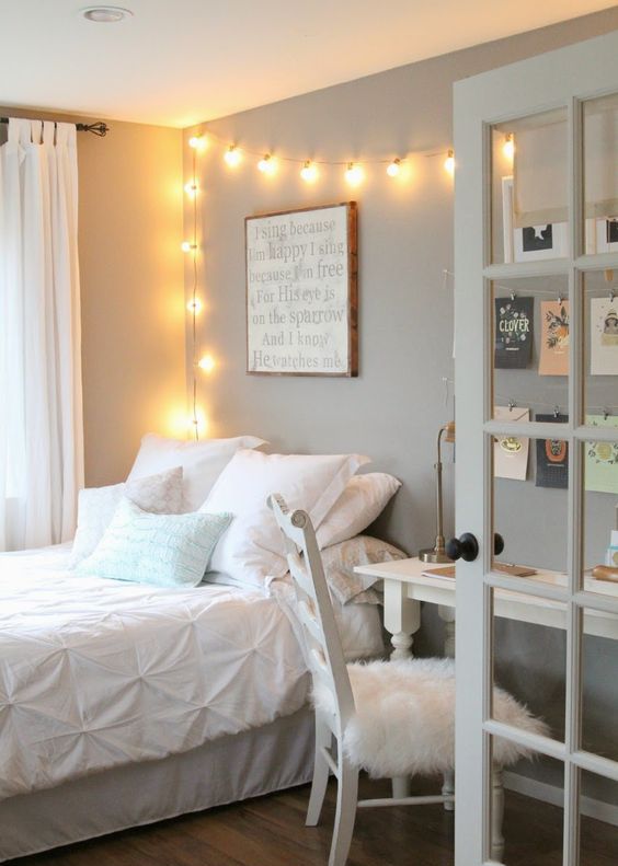 bedroom with hanging lights