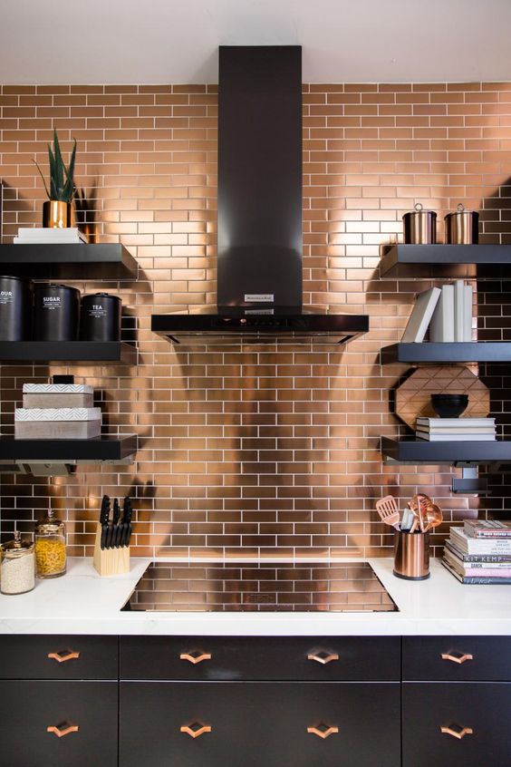 25 Easy Ways To Bring A Spring Summer Feel In DigsDigs   02 A Copper Tile Backsplash With White Grout And Matching Handles Spruce Up The Space And Make It Brighter 