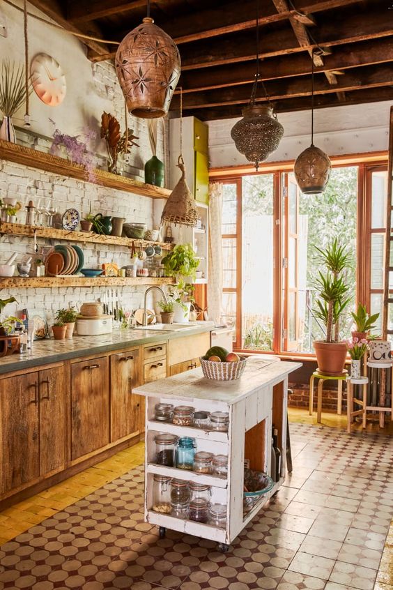 A Rustic Meets Boho Kitchen With Moroccan Lanterns Wooden Cabinets And A Shabby Chic Kitchen Island 