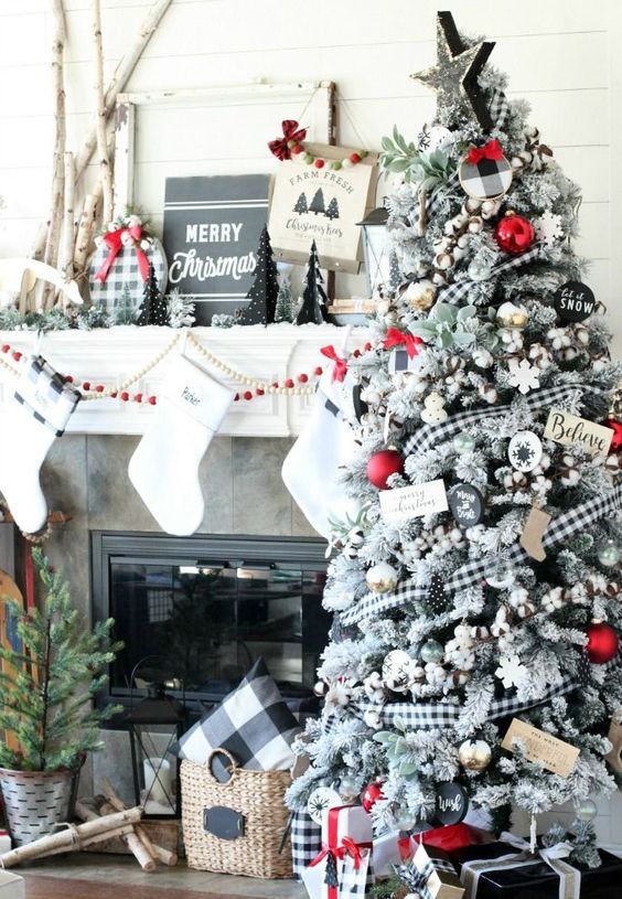 https://www.digsdigs.com/photos/2019/12/03-a-flocked-Christmas-tree-with-cotton-buffalo-check-ribbons-red-garlands-and-other-touches-for-a-contrast.jpg