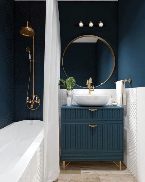 Blue Bathroom Decor, Blue & Gold Botanical Towel, Nature Home