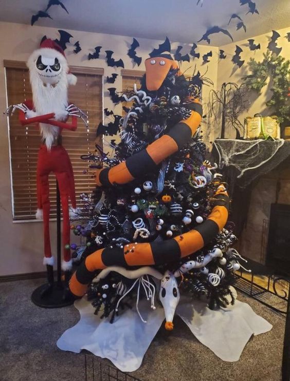 An ominous snake that consumes trees, reminiscent of the Nightmare Before Christmas, embellished with black and white ornaments, coils, limbs, and skeletal remnants, is quite audacious.
