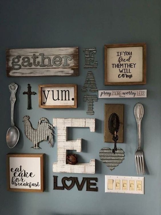 02 A Farmhouse Kitchen Gallery Wall With Framed And Non Framed Signs With Letters Monograms And Silhouettes Of Wood And Metal 