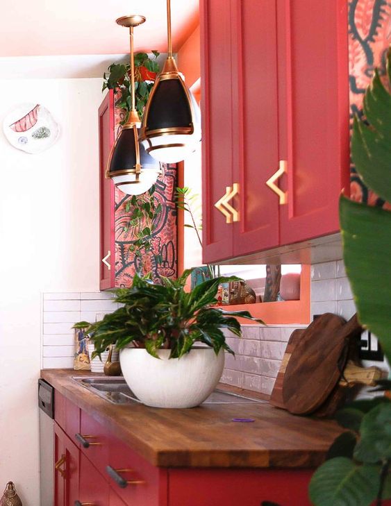 مطبخ أنيق للغاية مع خزانات حمراء ، وأسطح عمل من جزار ، ومصابيح معلقة ريترو والكثير من النباتات المحفوظة بوعاء