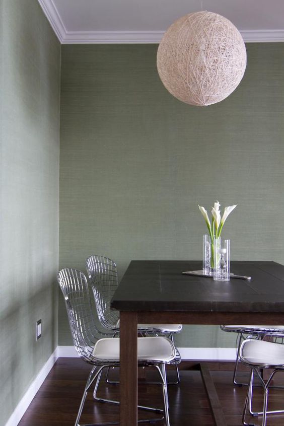 White Shelter back Sofa on Green Grasscloth Wallpaper  Transitional   Living Room