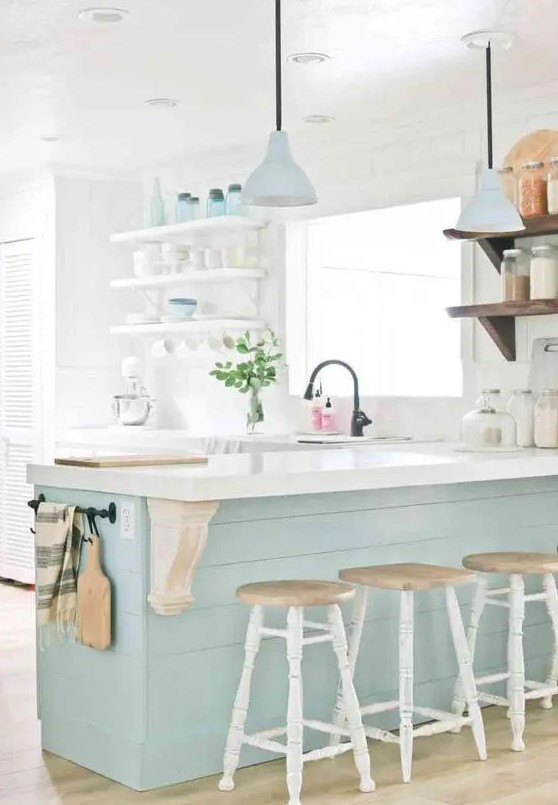 07 A Dreamy Coastal Kitchen With White Open Shelving A Mint Blue Kitchen Island Matching Pendant Lamps And Tableware Vintage Stools And Black Fixtures 
