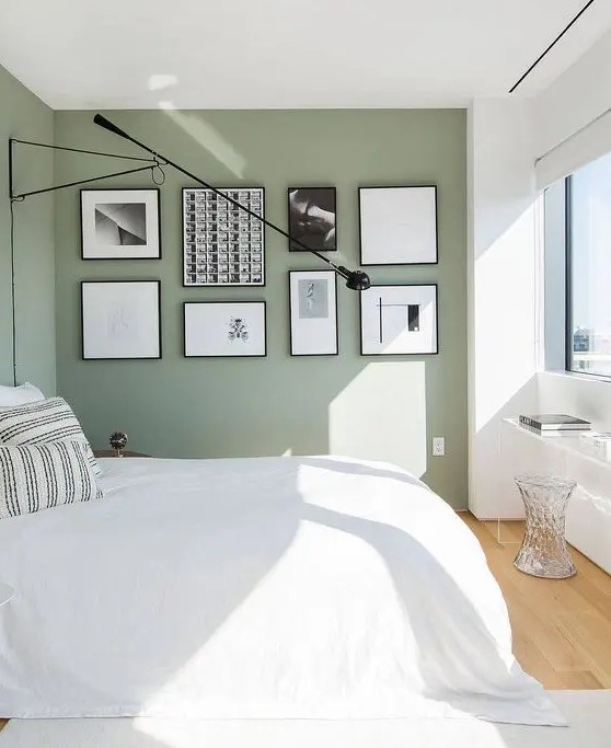 White and light green outlet bedroom