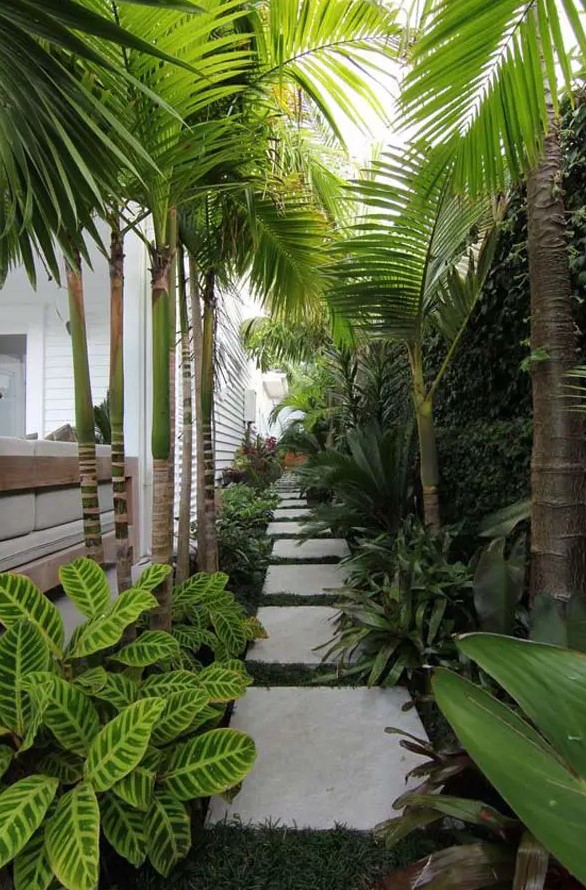 a gorgeous tropical side yard with pavers, greenery and lots of tropical plants and a living wall is a lovely and vibrant space