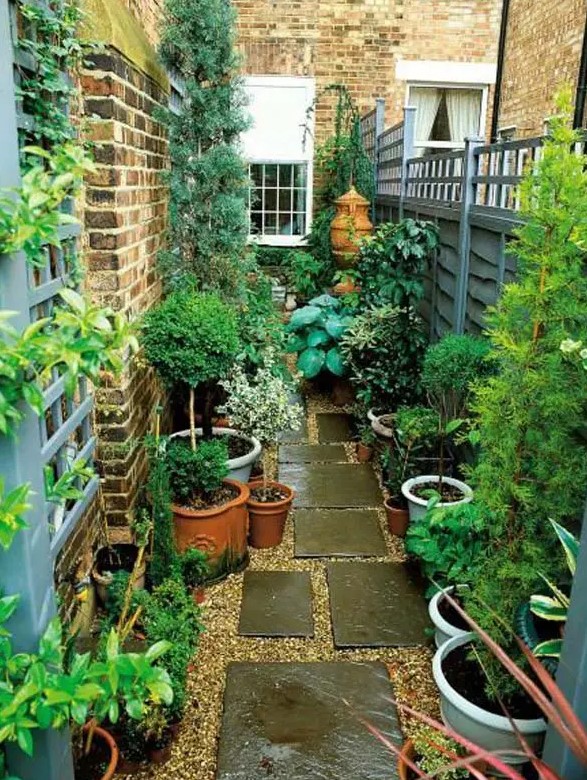 a small side yard with gravel and pavements and lots of potted plants around is amazing