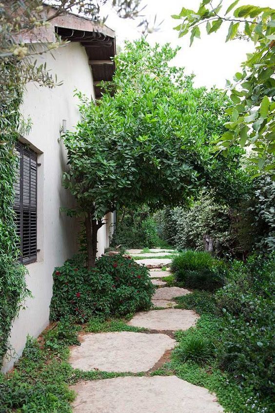 a welcoming shadowy side yard with an irregular stone path, some blooms and a greeneyr arch over the path