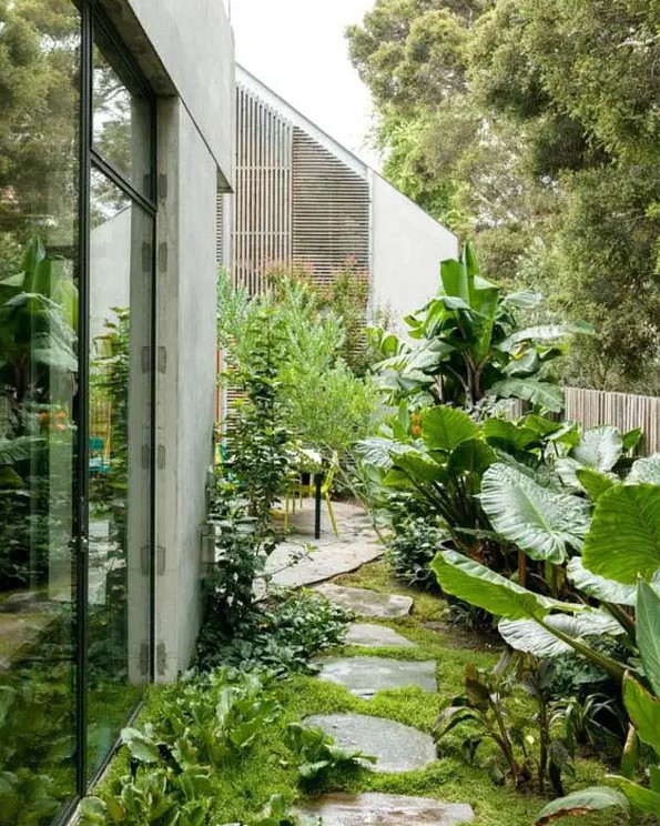 a welcoming side yard with lush greenery and tropical plants plus irregular stone paths is amazing