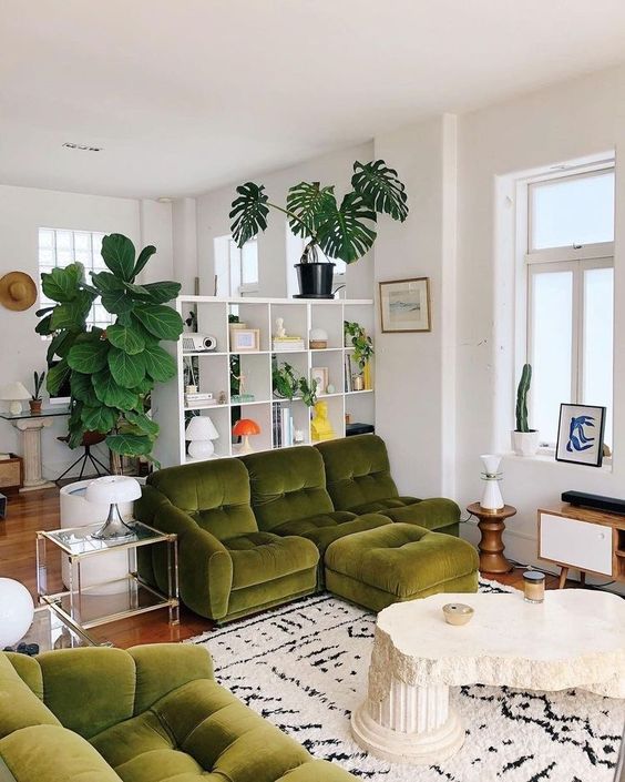 a whimsical living room with a green sofa and a chair, a unique coffee table, a rug, some decor and a bookshelf as a space divider