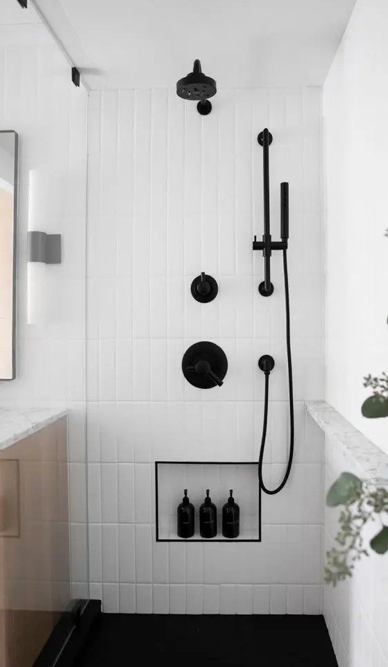 Elegant Bathroom with Glass Shelves in the Shower Niche