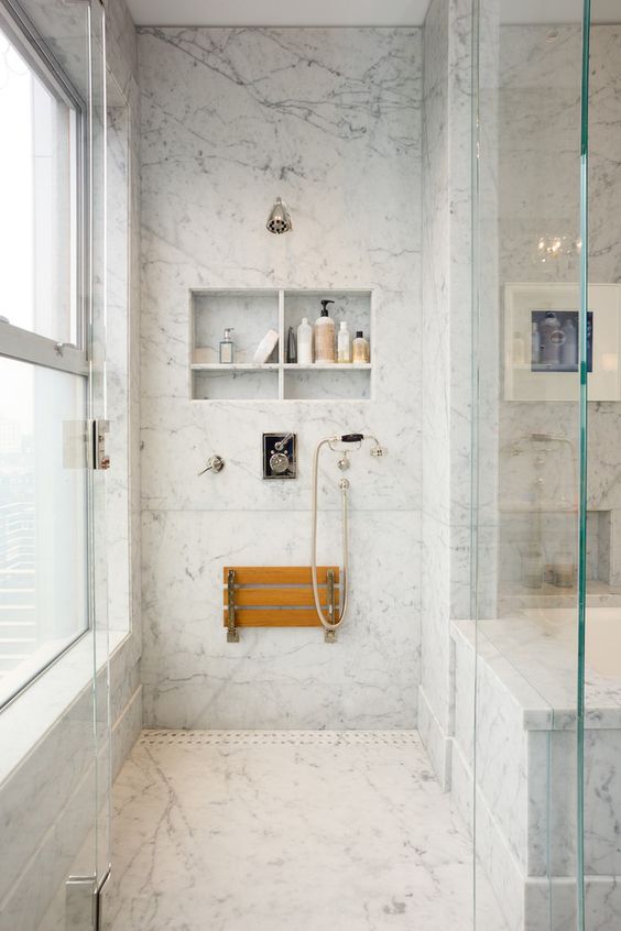 Elegant Bathroom with Glass Shelves in the Shower Niche