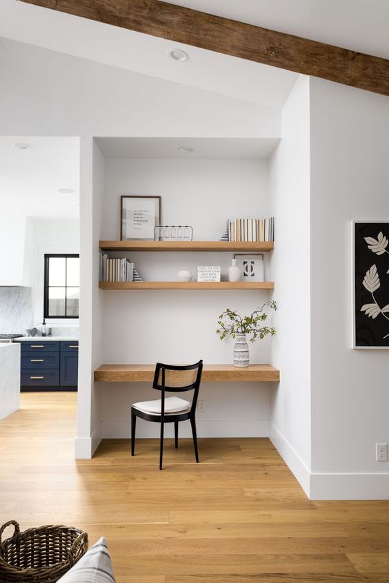 a niche with built-in shelves and a desk, some books and decor and a comfortable chair is a lovely idea for a modern home