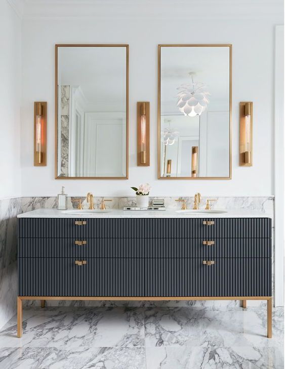 Elegant Black And Brass Bathroom Design With Wooden Touches - DigsDigs