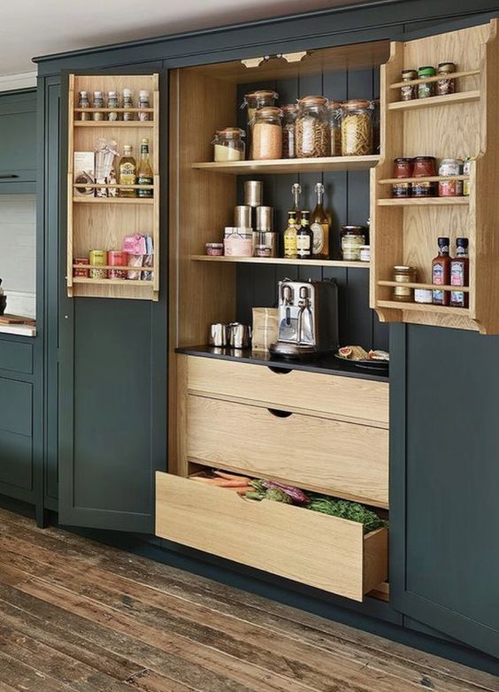https://www.digsdigs.com/photos/2023/10/a-built-in-pantry-with-dark-green-panels-and-backing-stained-shelves-drawers-and-shelves-on-the-doors-is-a-smart-solution.jpg