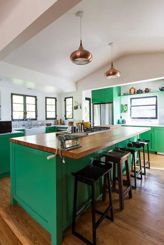 5 Kitchen Trends For 2024 And 50 Ideas DigsDigs   04 A Bold Green Kitchen Is Made Calmer With Neutral Countertops And Brass Touches And Black Stools 