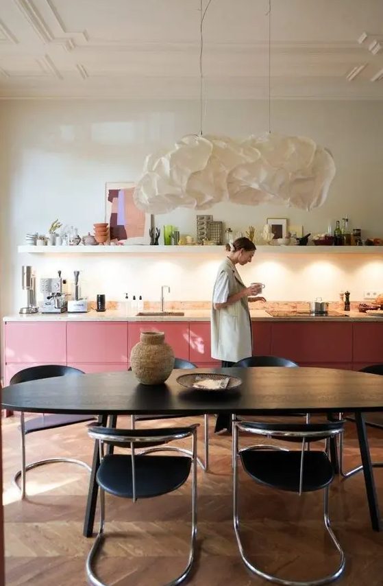 5 Kitchen Trends For 2024 And 50 Ideas DigsDigs   05 A Bold Pink Kitchen With Lower Cabinets A Terrazzo Countertop A Long Shelf With Decor And Some Built In Lights 