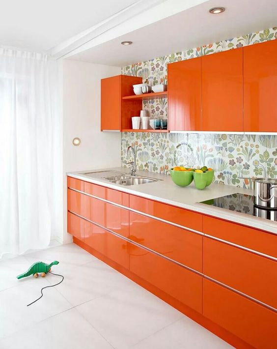 5 Kitchen Trends For 2024 And 50 Ideas DigsDigs   10 A Bright And Glossy Orange Kitchen With A Floral Backsplash And White Countertops Is A Cool And Juicy Colored Solution 