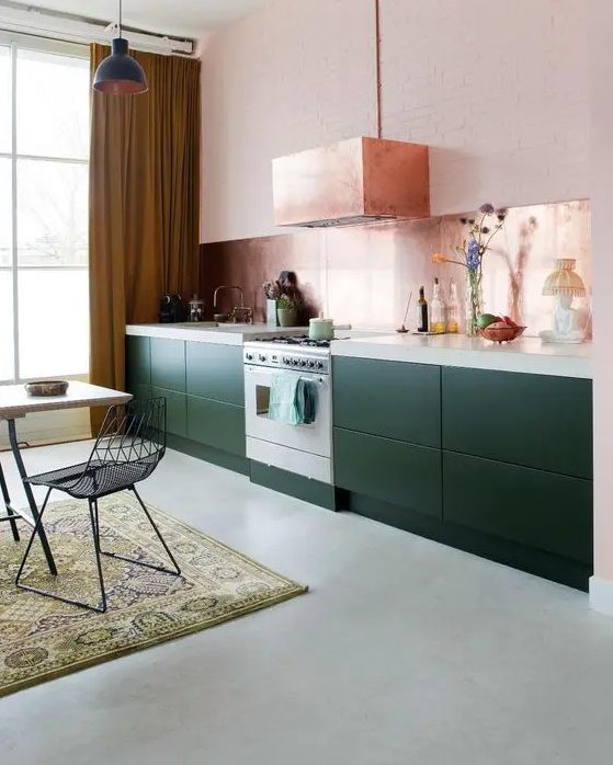 5 Kitchen Trends For 2024 And 50 Ideas DigsDigs   17 A Pretty Dark Green One Wall Kitchen With A White Stone Countertop A Rose Gold Backsplash And A Matching Hood 