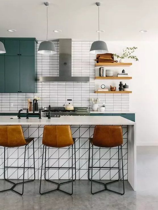 5 Kitchen Trends For 2024 And 50 Ideas DigsDigs   32 A Blue Kitchen With A White Stacked Subway Tile Backsplash And White Stone Countertops Is A Very Chic And Bold Idea 