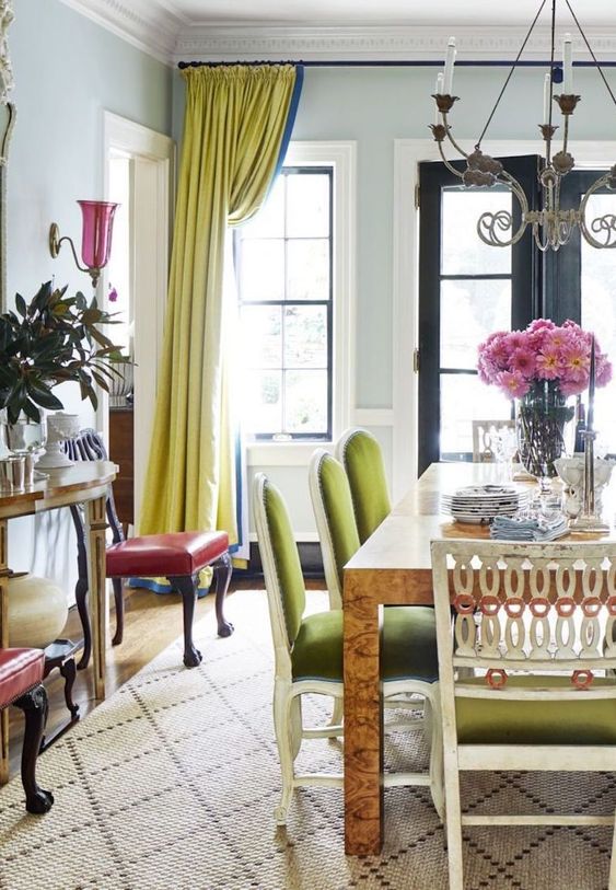 4 Color Trends For 2024 And 47 Ideas DigsDigs   39 An Exquisite Dining Room With A Table Green Chairs Chartreuse Curtains A Printed Rug Red Chairs And Some Plants 