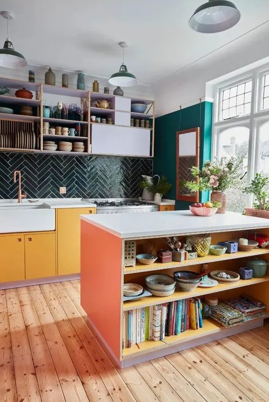 5 Home Decor Trends For 2024 And 50 Ideas DigsDigs   07 A Colorful Eclectic Kitchen With Emerald Walls A Dark Green Chevron Tile Backsplash Bold Cabinets And Open Shelves 