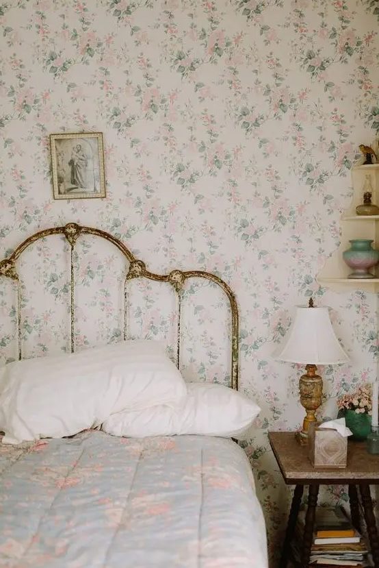 4 Bedroom Trends For 2024 And 40 Examples DigsDigs   17 A Shabby Chic Bedroom With Delicate Floral   A Shabby Chic Bed Floral Bedding A Stool As A Nightstand And A Vintage Lamp 