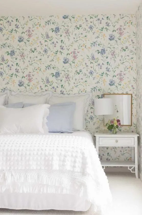 4 Bedroom Trends For 2024 And 40 Examples DigsDigs   19 An English Cottage Bedroom With Lovely Pastel Floral   A Bed With White And Pastel Blue Bedding A White Nightstand And A Mirror 