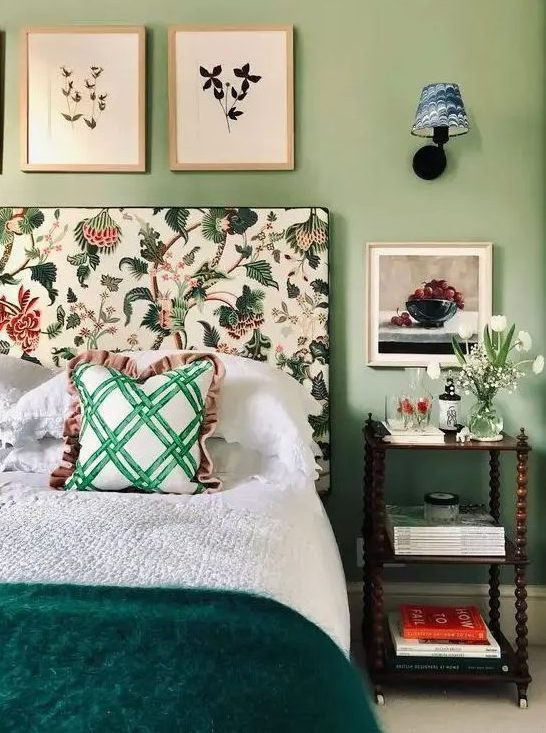 4 Bedroom Trends For 2024 And 40 Examples DigsDigs   23 A Cool And Chic Bedroom With Green Walls A Bed With A Floral Headboard Neutral Bedding And A Green Bedspread A Nightstand And White Blooms 