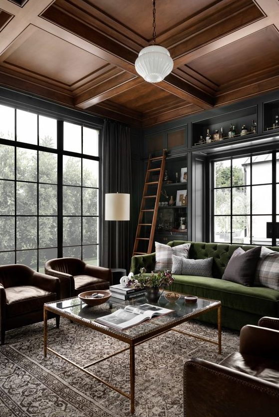 5 Living Room Decor Trends For 2024 And 45 Ideas DigsDigs   25 A Refined Graphite Grey Living Room With A Green Sofa Brown Leather Chairs Pendant Lamps And A Coffee Table 