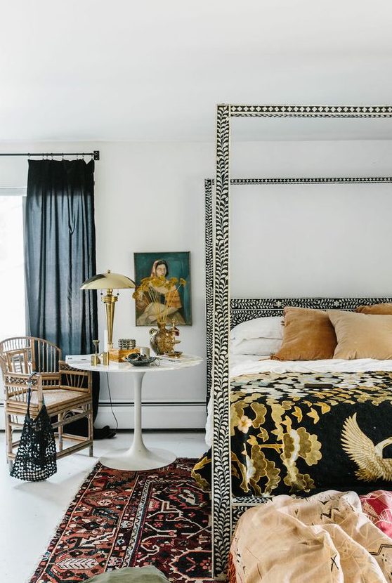 4 Bedroom Trends For 2024 And 40 Examples DigsDigs   26 An Eye Catchy Bedroom With A Printed Bed And Bedding Printed Rugs Art A Rattan Chair And Some Pillows 