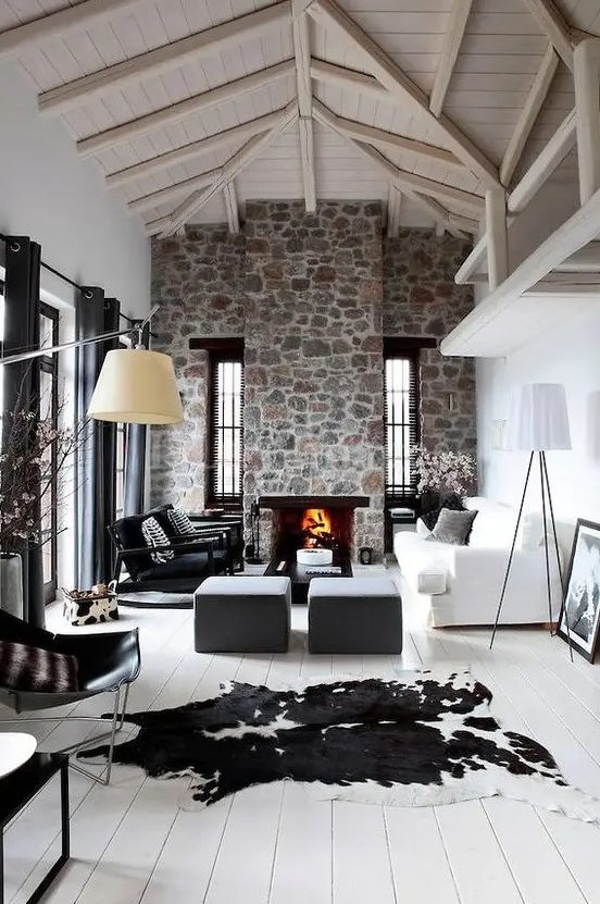 5 Home Decor Trends For 2024 And 50 Ideas DigsDigs   28 A Contemporary Living Room With White Walls A Whitewashed Wooden Ceiling A Stone Clad Fireplace And Cool Furniture 