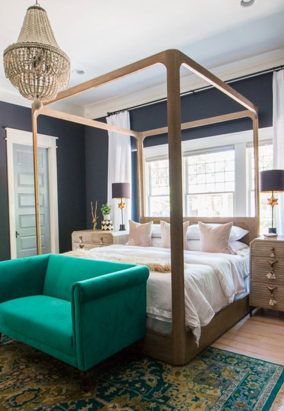 4 Bedroom Trends For 2024 And 40 Examples DigsDigs   41 A Moody Bedroom With Soot Walls A Canopy Bed And Wooden Nightstands An Emerald Sofa A Beaded Chandelier 