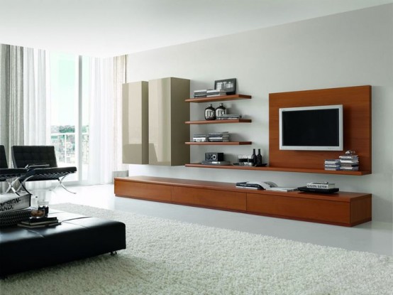 Wooden TV Unit Design With Wall-Mounted Storage Units